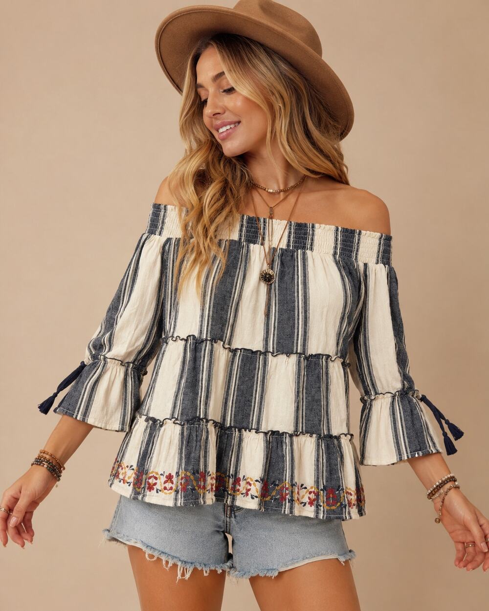 Knox Rose Boho Peasant Blouse Medium Tiered Striped Embroidered Shirt Top